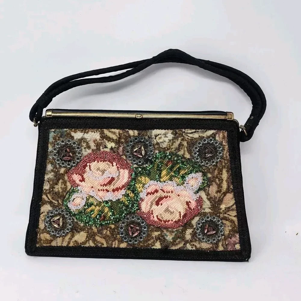 Vintage Embroidered Purse Black Needlepoint Beaded Multi‎ Floral Handbag